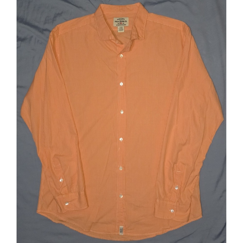 Ralph Lauren Jeans Co Mens Long Sleeve Orange Gingham Button Down Shirt Size‎ XL